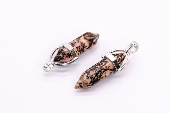 2 Pcs - 31x8mm Black Pink Rhodonite Beads Healing Hexagonal Pointed Pendant Genuine Natural Grade A Silver Plated Cap (116721)