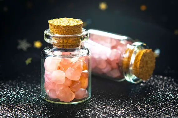 2 Pcs - 35x22mm Bottle Baby Pink Rose Quartz Chip Beads Healing Gemstone In The Wishing Bottle (114379)