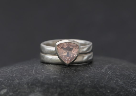Pink Gemstone Engagement Ring, Rose Quartz Trillion Ring, Gift For Her