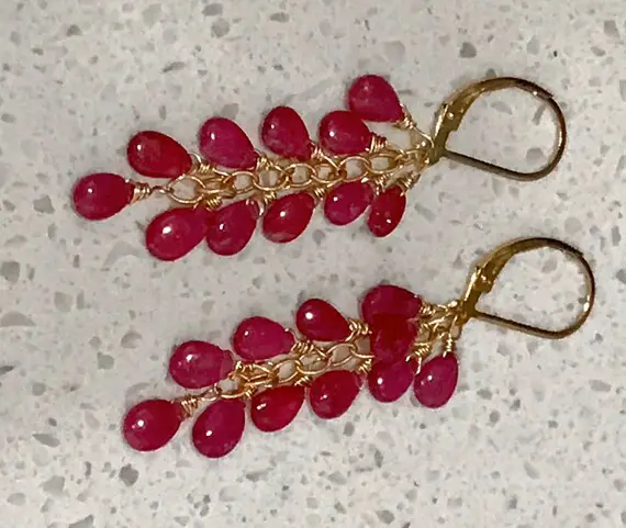 Natural Red Ruby Gold Fill Earrings.  Cascade Dangles.  Gemstone Jewelry.  Christmas Gift.  July Birthstone