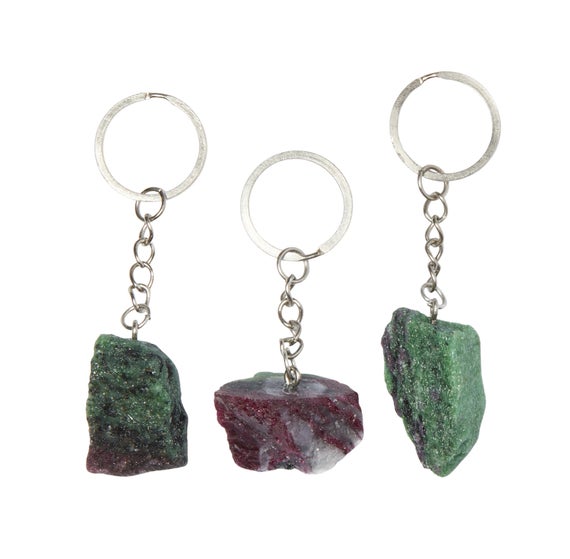 Raw Ruby Zoisite Keychain - Raw Ruby In Zoisite Keyring - Anyolite - Ruby Zoisite Rough - Healing Crystals - Raw Ruby Crystal Keychain