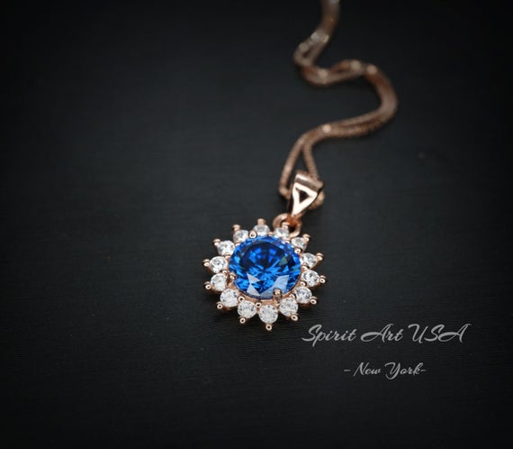 Tiny Rose Gold Blue Sapphire Necklace  - Gemstone Sterling Silver  - Sunflower 6mm 0.85 Ct Blue Gemstone September Birthstone 027