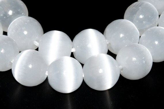 Genuine Natural Selenite Gemstone Beads 8mm Cat Eye White Round Aaa+ Quality Loose Beads (115989)