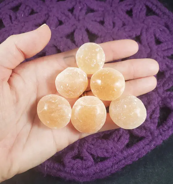 6 Peach Selenite Tumbled Polished Crystal Orb Stones Ufo Crystals Cylinders Unique Orange Gridding