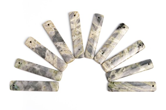 2 Pcs - 48x10x4mm Serpentine Jade Pendant Gray Rectangle Flat Back Genuine Natural Drilled Cabochon (116843)