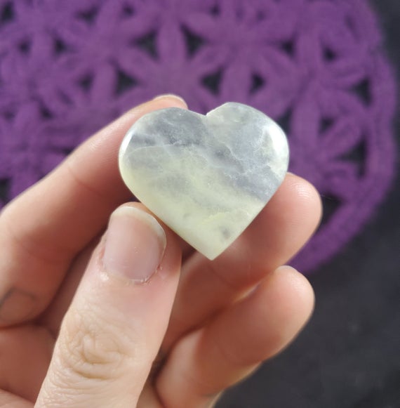 Infinite Serpentine Pocket Heart Light Green Stone Crystal Stones Crystals Polished Love Heart Shaped Chakra Pale Green Grey Serpentine
