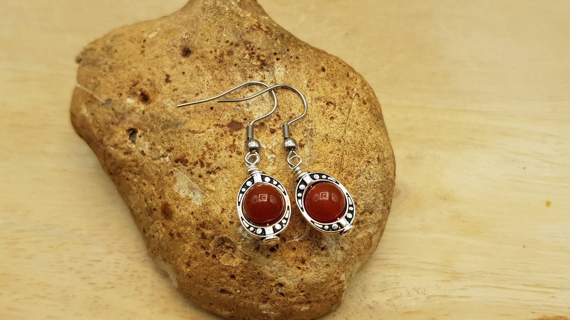 Small Red Carnelian Earrings. July Birthstone. 17th Anniversary. Reiki Jewelry Uk. 8mm Gemstone. Silver Plated Oval Frame Earrings For Women