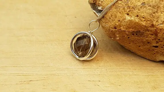 Small Smoky Quartz Circle Pendant Necklace. Sterling Silver. Reiki Jewelry.  Minimalist 3d Frame Pendant Uk. 10mm Brown Gemstone