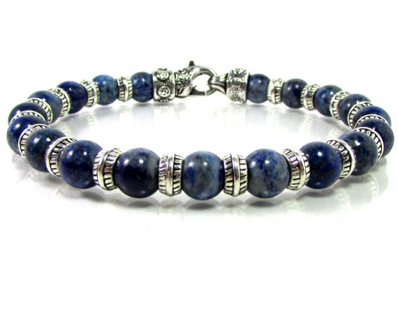Natural Sodalite Bracelet For Men With Clasp, Natural Gemstone Mens Beaded Bracelet, Handmade Mens Blue Bracelet, Gift For Him + Gift Bag