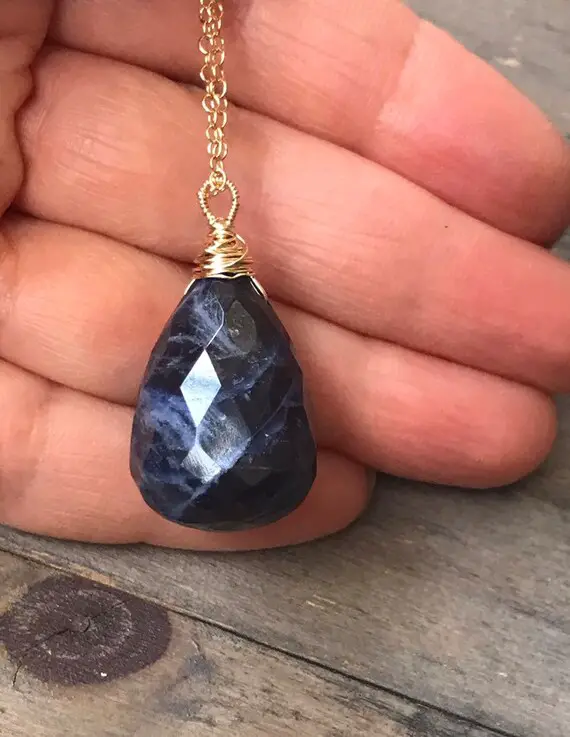 Blue Sodalite Pendant Drop Gold Necklace.  Natural Stone.  14k Gold Chain Necklace.  Gemstone Jewelry.