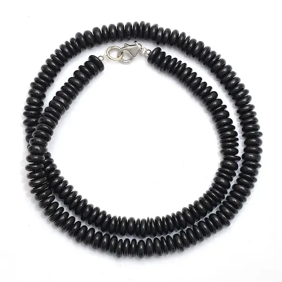 Black Spinel Beaded Necklace, 5-5.5mm Spinel Smooth Rondelle Tire Beads Layering Necklace, Black Saucer Bead Necklace, Gemstone Necklace