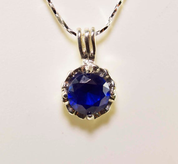 Blue Spinel Pendant, 6mm Round Illusion Set In Argentium Sterling Silver Pendant 18inch Chain Included