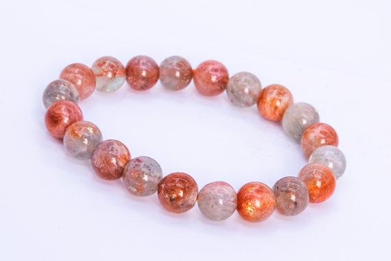20 Pcs - 10mm Orange Gray Sunstone Bracelet Grade A Genuine Natural Round Gemstone Beads (114637)