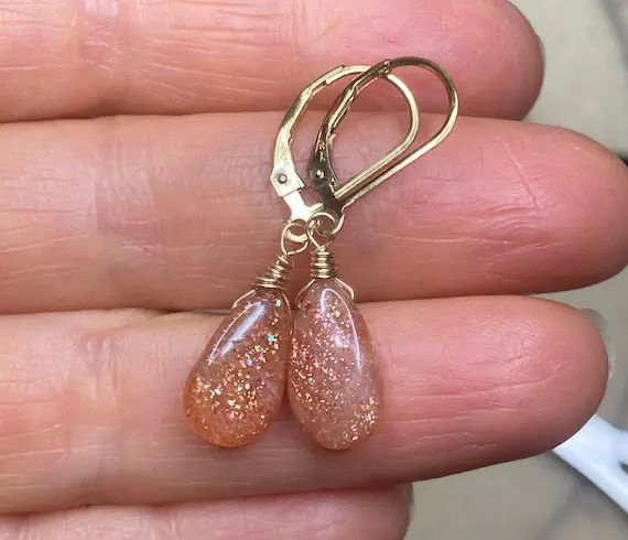 Petite Natural Orange Sunstone 14k Gold Earrings, Smooth Sun Stone Drops, Dangles, Wire Wrapped.  Minimalist Jewelry
