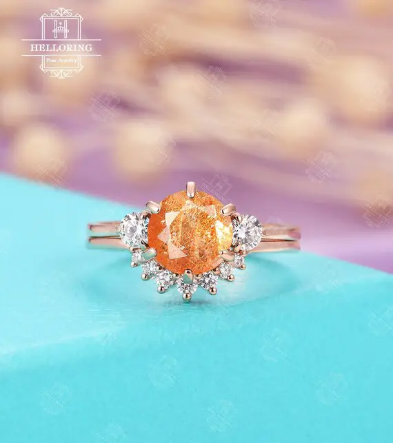 Vintage African Sunstone Engagement Ring Set Art Deco Moissanite Curved Wedding Band Rose Gold Unique Bridal Promise Ring Anniversary Ring