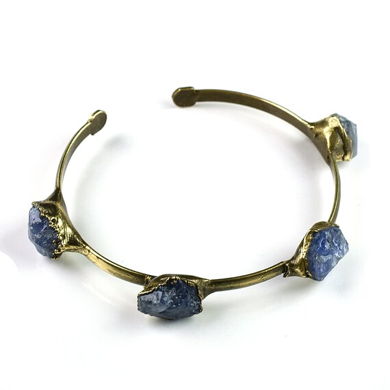 Natural Tanzanite Gemstone Bangle Bracelet  Cuff Bracelet  Adjustable Bracelet  Brass Jewelry  Raw Stone Bracelet  Birthstone Bracelet