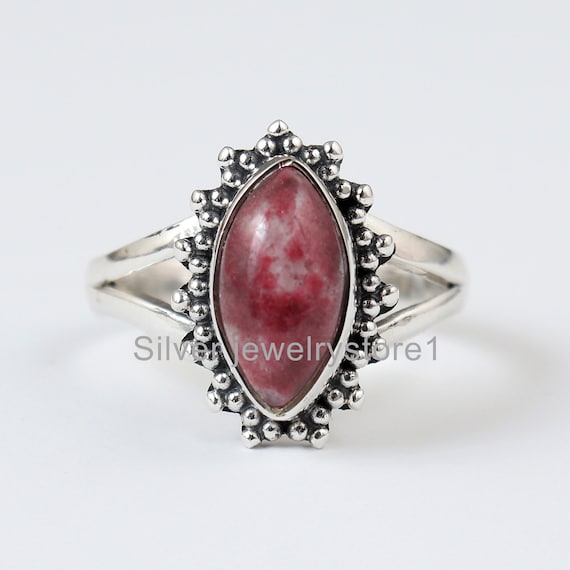 Thulite Gemstone Ring: Sterling Silver Boho Jewelry