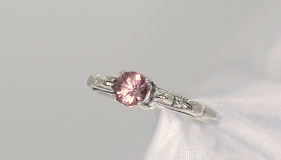Pink/ Peachy Tourmaline Ring, Genuine Gemstone 5mm Faceted Round, 1/2 Carat, October Birthstone, Set In 925 Fancy Scrolled Mounting