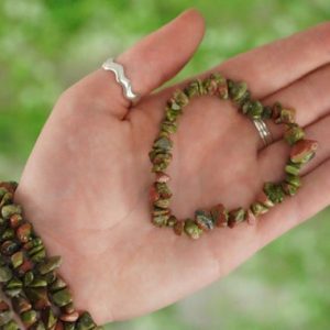 Unakite Tumbled Stone Crystal Chip Bracelet | Natural genuine Unakite bracelets. Buy crystal jewelry, handmade handcrafted artisan jewelry for women.  Unique handmade gift ideas. #jewelry #beadedbracelets #beadedjewelry #gift #shopping #handmadejewelry #fashion #style #product #bracelets #affiliate #ad