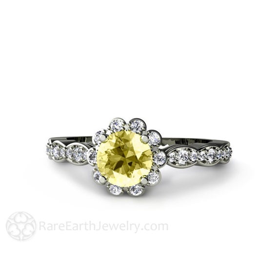Lemon Yellow Sapphire Engagement Ring With Diamond Halo 14k Gold Sapphire Ring Bridal Jewelry
