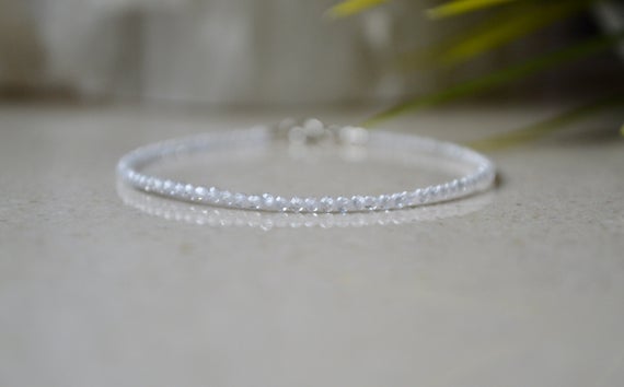 White Zircon Bracelet - December Birthstone, Bracelet Femme, Genuine Clear Zircon Jewelry 2mm, Thin Minimalist Bracelet, Christmas Gift