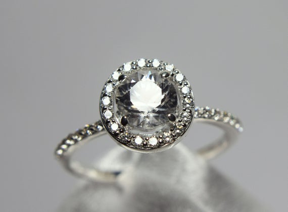 Zircon Ring, Engagement, Wedding, Solitaire Ring, Genuine Gemstone 6mm Round 1 Plus Ct, Halo Of Cz's And Down The Shoulders