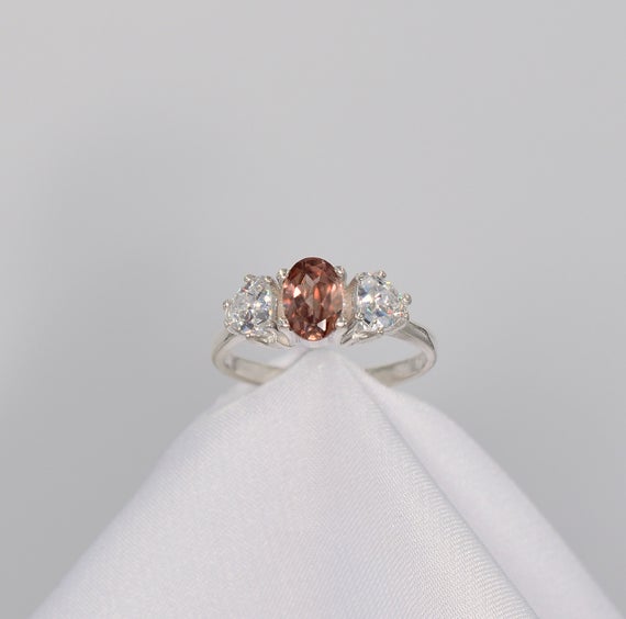 Pink Zircon Ring, Genuine Pink Zircon, 7x5 Mm 1+ct Oval, 2 5mm Trillion Cut Cz, Set In 925 Sterling Silver Ring