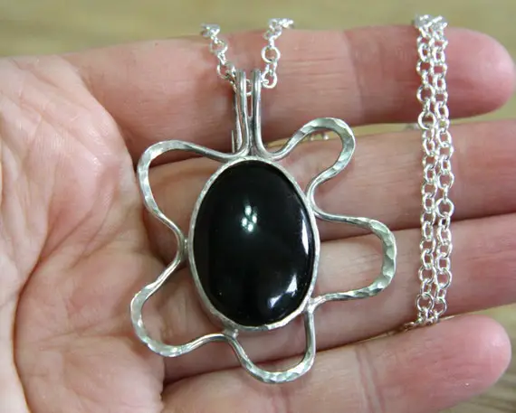 Clearance - Large Agate Flower Pendant Bezel Set Hammered Texture In Solid Sterling Silver , No Chain