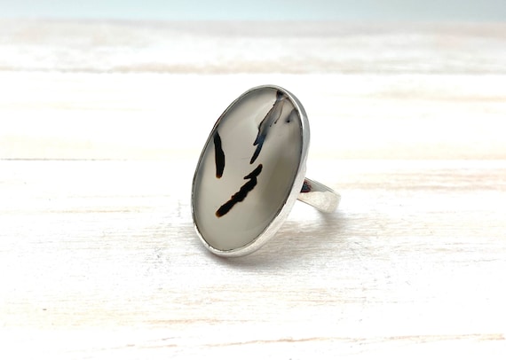 Montana Agate Silver Ring // Silver Agate Adjustable 7 To 8 Ring // Montana Agate Ring // Montana Agate Stone Ring // 925 Sterling Silver