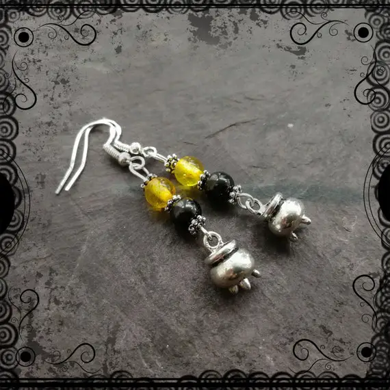 Amber & Lignite Jet Cauldron Dangle Earrings, Witchcraft, Pagan, Wiccan