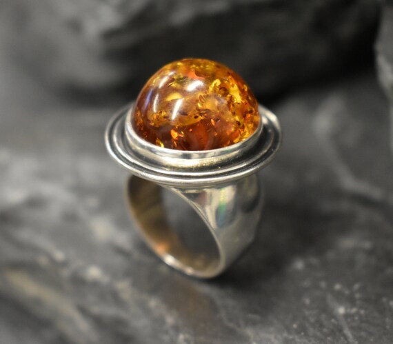 Amber Ring, Natural Amber, Brown Amber Ring, Taurus Birthstone, Statement Round Ring, Vintage Amber Ring, Big Amber Ring, 925 Silver Ring