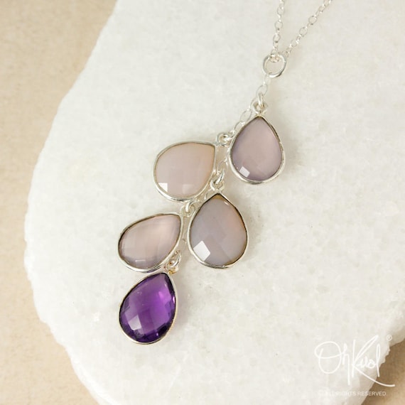 Silver Pink Chalcedony & Purple Amethyst Quartz Necklace, Waterfall Necklace, February Birthday, Chalcedony Teardrop