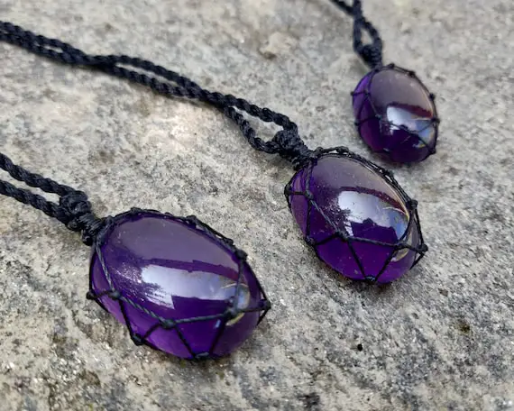 Purple Amethyst Necklace, Empath Protection Crystal Pendant, Macrame Jewelry, Stress Relief Gift For Men Or Women