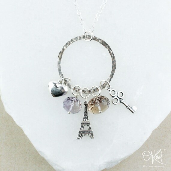 Sterling Silver Ametrine Pendant With Eiffel Tower And Heart Key Charm , Paris Jewelry,