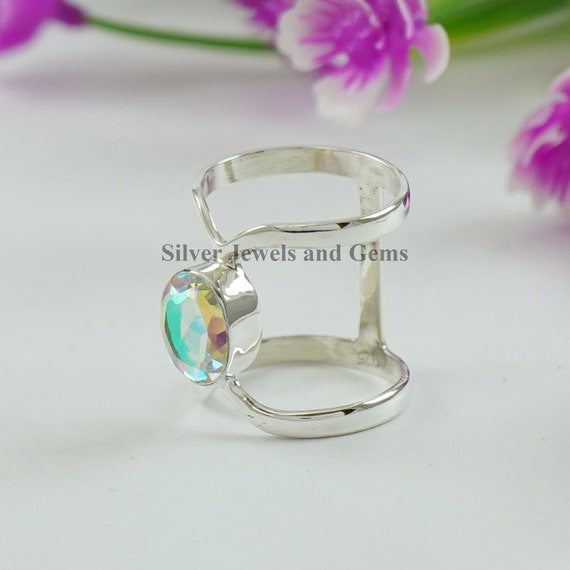 Angel Aura Quartz Ring, Handmade Ring, 925 Sterling Silver Ring, Oval Aura Quartz Ring, Gift For Her, Chevron Ring, Anniversary Ring