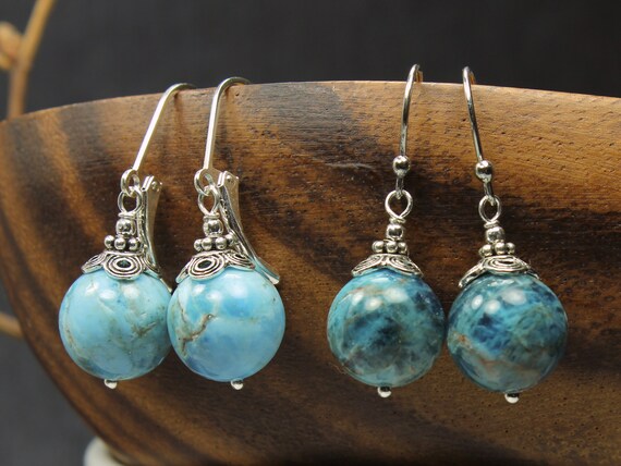 Blue Apatite Earrings Sterling Silver Natural Gemstones Dangle Drops Boho Statement Birthday Holiday Mother's Day Gift For Her Women 6377