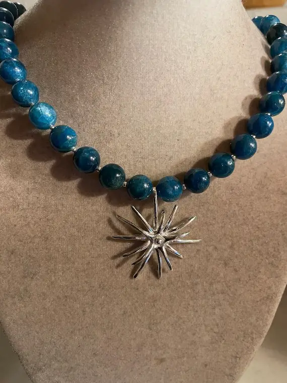 Blue Necklace - Sterling Silver Jewelry - Apatite Gemstone Jewellery - Chic - Luxe - Beaded - Extender Chain - Pendant - Beaded