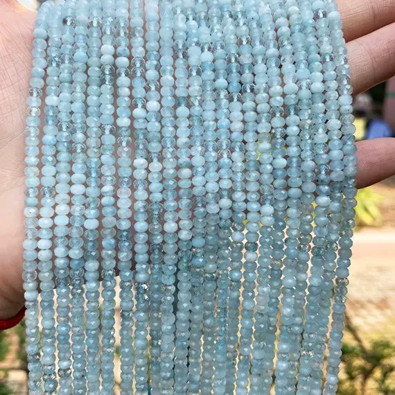 Natural Aquamarine Faceted Rodelle Beads,semi Precious Stone Beads,2x3mm/2.5x4mm Rodelle Beads,bracelet Aquamarine Crystals Gemstone Beads.