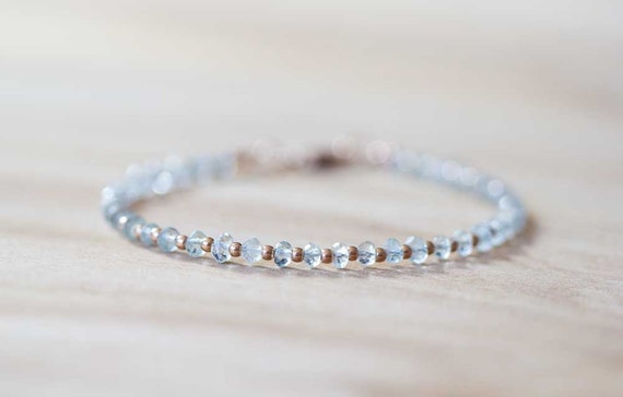 Aquamarine Bracelet With Rose Gold Fill Or Sterling Silver, Delicate Beaded Aquamarine Jewelry, March Birthstone Gift