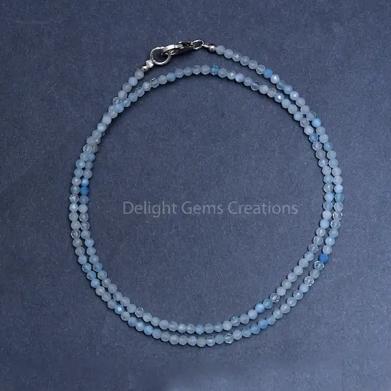 Milky Aquamarine Necklace, 2.5-3mm Aquamarine Micro Faceted Round Beads Necklace, Natural Aquamarine Beaded Necklace, Dainty Tiny Aqua Beads