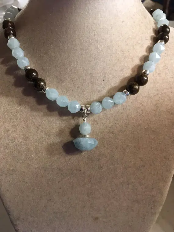 Aquamarine Necklace - Blue And Brown Jewelry - Sterling Silver - Bronzite Gemstone Jewellery - Pendant - Beaded