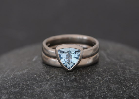 Aquamarine Trillion Engagement Ring And Wedding Band In 18k White Gold