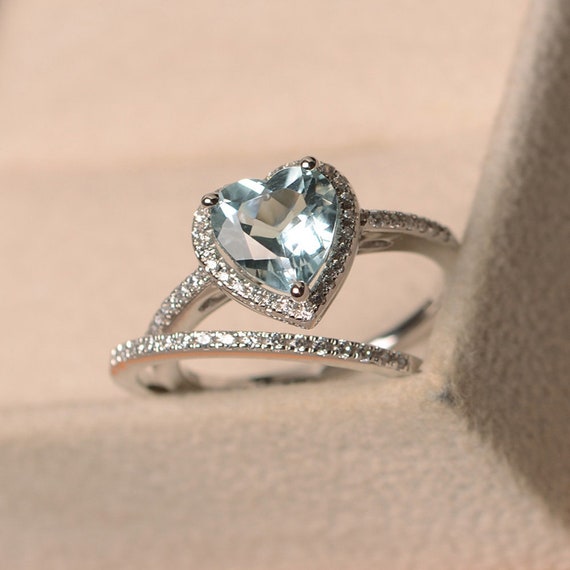 Promise Ring, Natural Aquamarine Ring, March Birthstone Ring, Heart Cut Halo Ring, Engagement Ring With Matching Band