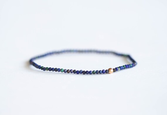 Skinny Azurite Stretch Bracelet, Ultra Delicate Beaded Dark Blue Gemstone Jewelry, Genuine Small Tiny Faceted Stones