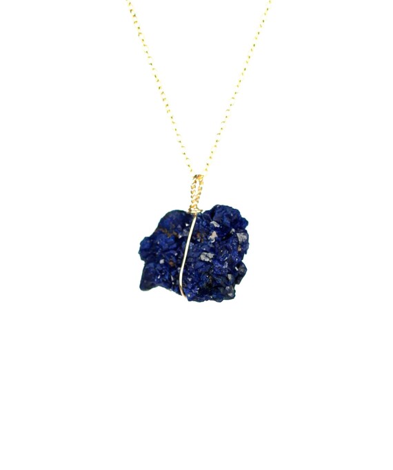 Blue Crystal Necklace - Azurite Necklace - Crystal Necklace - Mineral Necklace - An Azurite Wire Wrapped Onto 14k Gold Filled Chain - J02