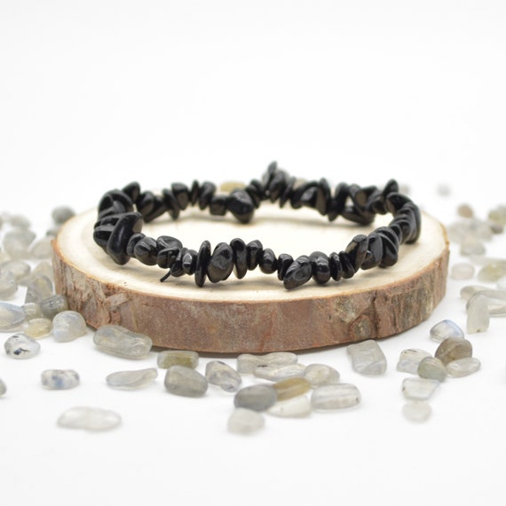Black Tourmaline  Gemstone Chips   Beads  Bracelet Sample Strand - 5mm - 8mm - 7.5" Long