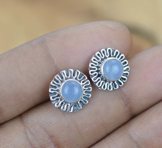 Blue Chalcedony 925 Sterling Silver Gemstone Stud Earring