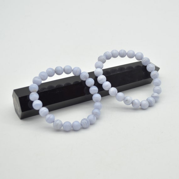 Natural Blue Lace Agate Semi-precious Gemstone Round Beads Sample Strand / Bracelet - 8mm, 7.5"