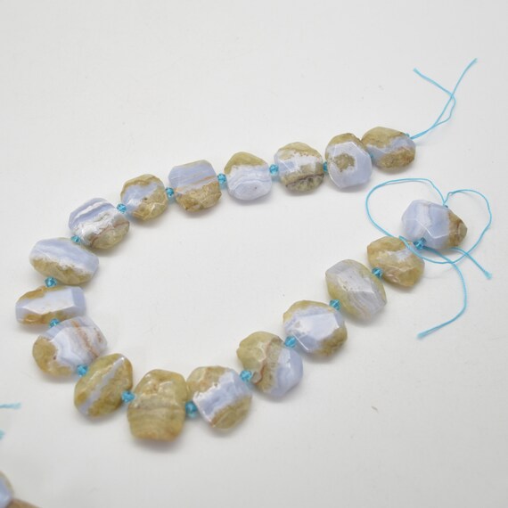 Natural Blue Lace Agate Semi-precious Gemstone Faceted Side Drilled Rectangle Pendant / Beads - 15" Strand