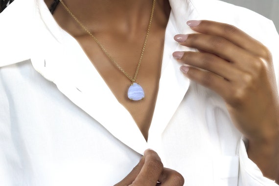 Blue Lace Agate Pendant · Triangle Necklace · Custom Cut Gemstone Pendant · Personalized Pendant · Trillion Necklace